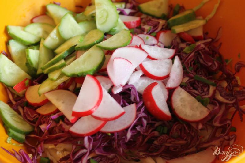 Фото приготовление рецепта: Капустный салат с редисом и огурцами шаг №4