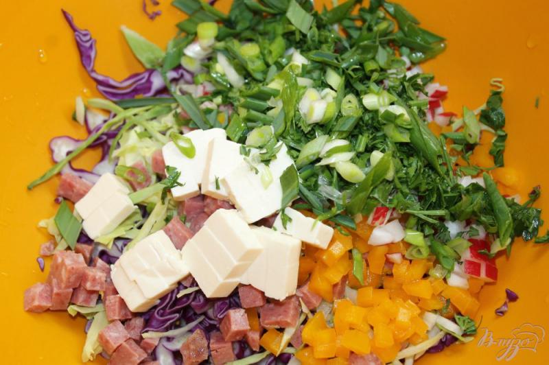 Фото приготовление рецепта: Салат с капустой, колбасой, зеленью и овощами шаг №4