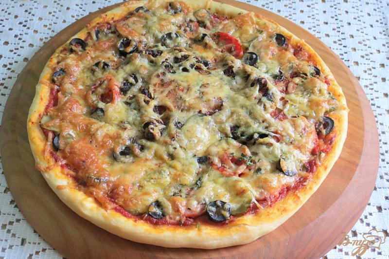 Фото приготовление рецепта: Пицца мясная с  грибами, огурцами и вялеными помидорами шаг №17