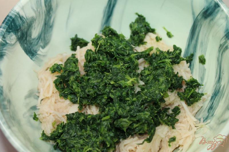 Фото приготовление рецепта: Драники со шпинатом и сливочным лососем шаг №2