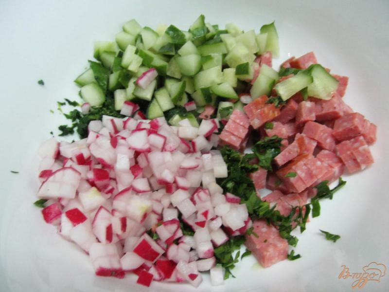 Фото приготовление рецепта: Салат с салями огурцом и сыром тофу шаг №2