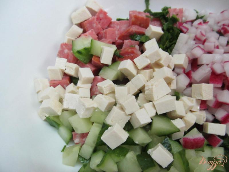 Фото приготовление рецепта: Салат с салями огурцом и сыром тофу шаг №3