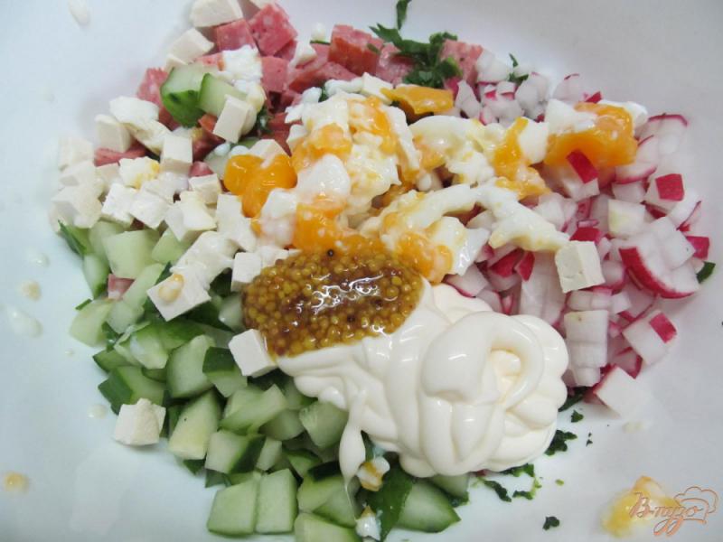 Фото приготовление рецепта: Салат с салями огурцом и сыром тофу шаг №4