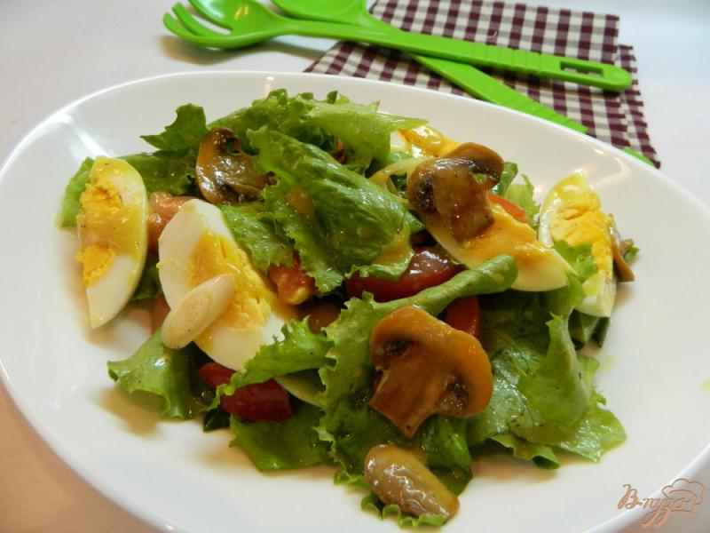 Фото приготовление рецепта: Салат из салатных листьев с грибами и яйцом шаг №8