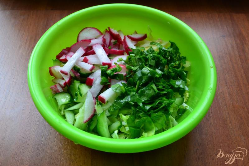 Фото приготовление рецепта: Весенний овощной салат с щавелем и сметаной шаг №2