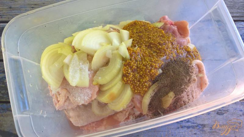 Фото приготовление рецепта: Куриные бедра с луком и горчицей на мангале шаг №2