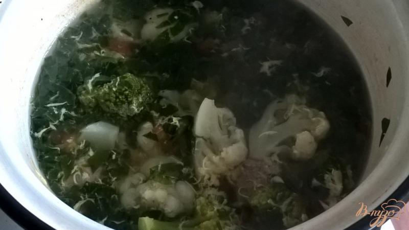 Фото приготовление рецепта: Суп с брокколи, цветной капустой и говяжьими фрикадельками шаг №8