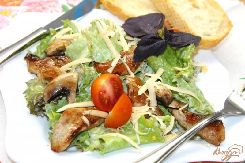 Фото приготовление рецепта: Теплый салат с сырным соусом и курицей шаг №7