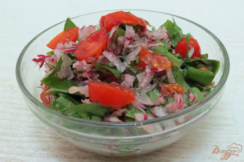 Фото приготовление рецепта: Салат из черемши, редиса и помидоров шаг №6
