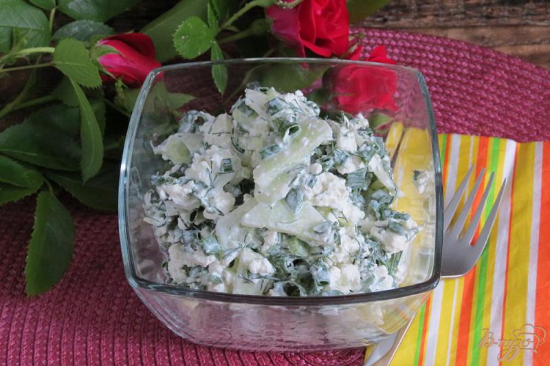 Фото приготовление рецепта: Салат из творога с зелёным луком и огурцами шаг №6
