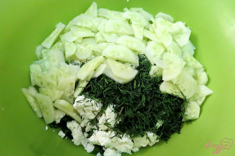 Фото приготовление рецепта: Салат из творога с зелёным луком и огурцами шаг №5
