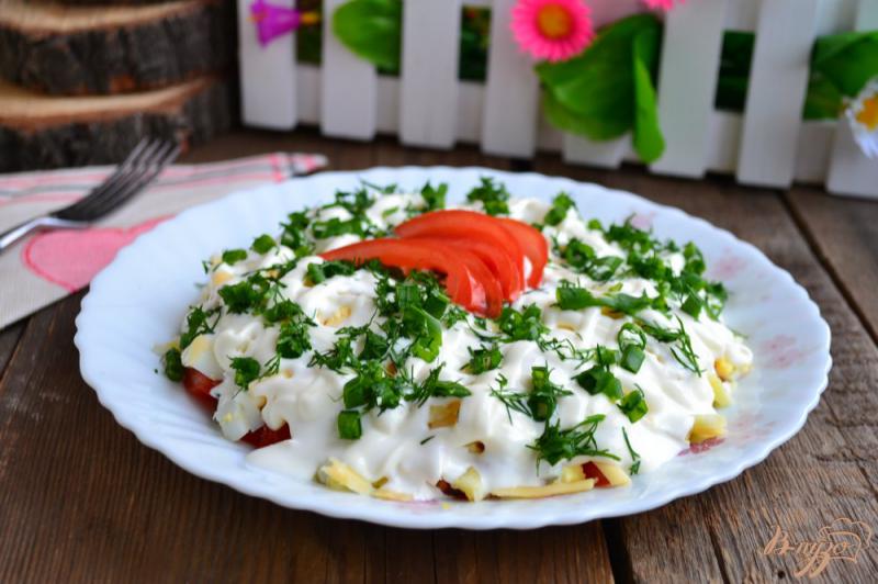 Фото приготовление рецепта: Слоеный салат с помидорами, сыром и яйцом шаг №5