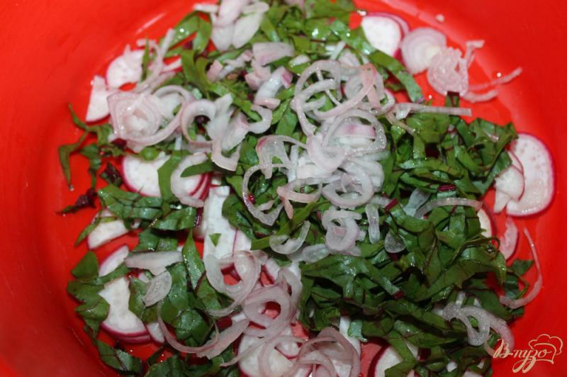 Фото приготовление рецепта: Салат с ботвой свеклы и редисом шаг №5