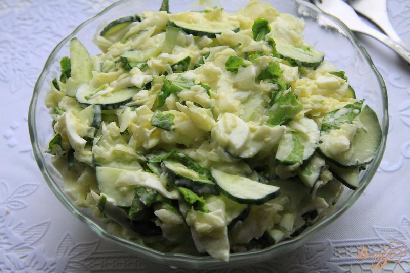 Фото приготовление рецепта: Салат из молодой капусты с огурцами и яйцами шаг №6