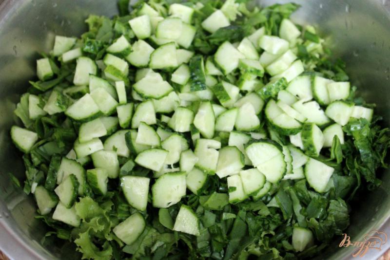 Фото приготовление рецепта: Зеленый салат с перепелиными яйцами и йогуртом шаг №3