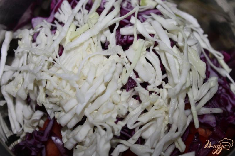 Фото приготовление рецепта: Салат с красной и белокочанной капусты с помидорами и перцем шаг №4