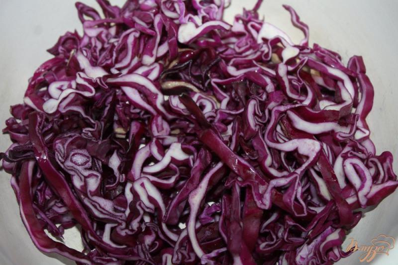 Фото приготовление рецепта: Салат с краснокочанной капустой, помидорами и колбасой шаг №1