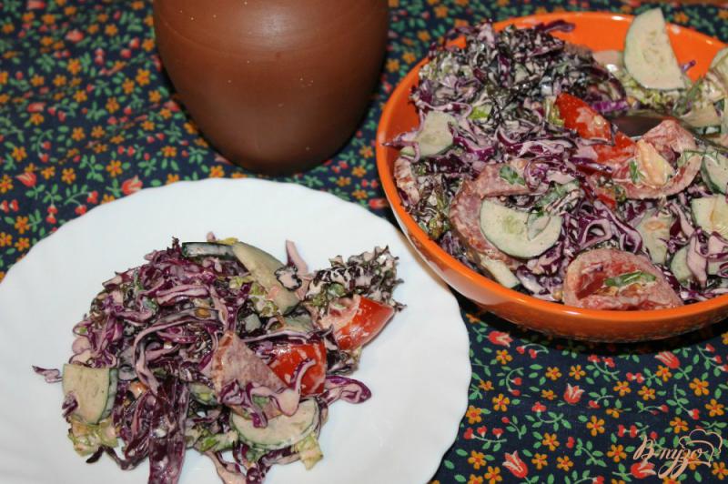 Фото приготовление рецепта: Салат с краснокочанной капустой, помидорами и колбасой шаг №7