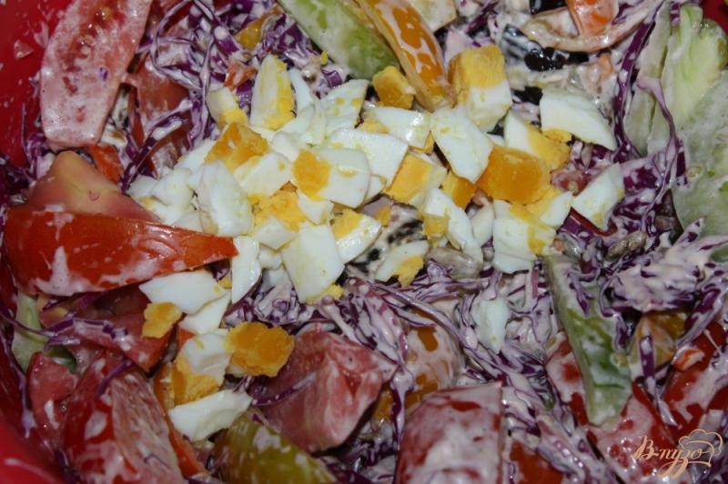 Фото приготовление рецепта: Салат с жаренными баклажанами, краснокочанной капустой и яйцом шаг №8
