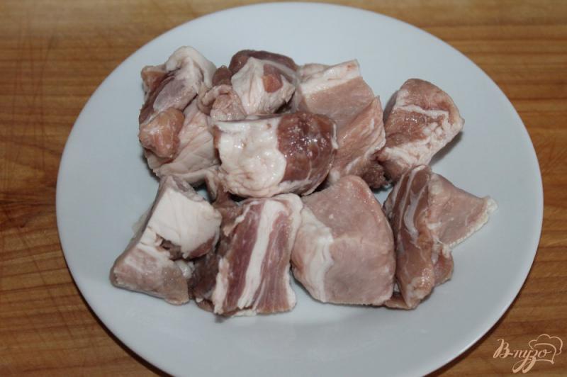 Фото приготовление рецепта: Кусочки свинины жаренные с баклажаном, кабачком и перцем в соусе Терияки шаг №1