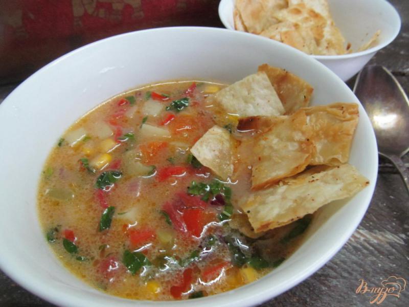 Фото приготовление рецепта: Томатный суп с кукурузой и чипсами из лаваша шаг №12