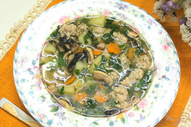 Фото приготовление рецепта: Суп с ленивыми фрикадельками и грибами шаг №10