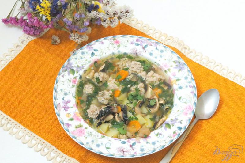 Фото приготовление рецепта: Суп с ленивыми фрикадельками и грибами шаг №11