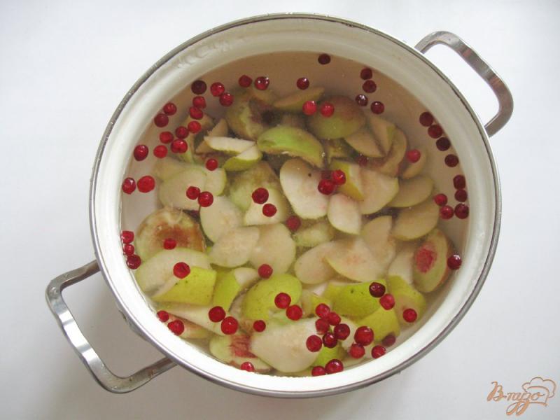 Фото приготовление рецепта: Компот из персиков, груш и брусники шаг №5