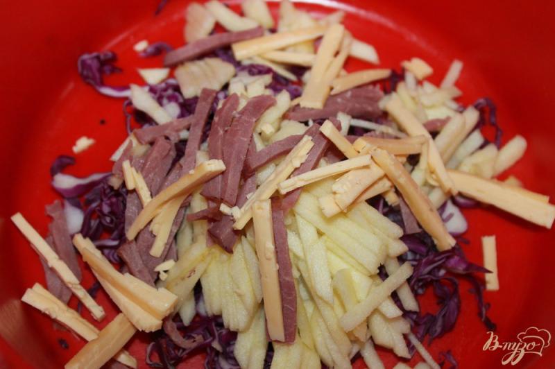Фото приготовление рецепта: Салат из краснокочанной капусты с ветчиной и яблоком шаг №4