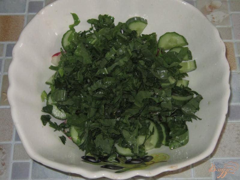 Фото приготовление рецепта: Салат из щавеля с огурцом и редисом шаг №3