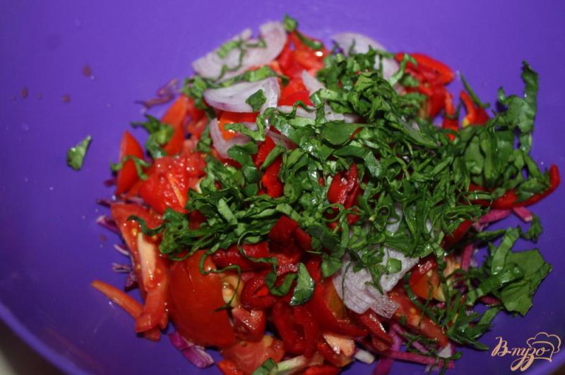 Фото приготовление рецепта: Салат из краснокочанной капусты с редькой и помидорами шаг №5