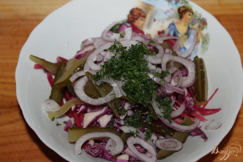 Фото приготовление рецепта: Домашний салат с редькой, редисом и соленым огурцом шаг №5