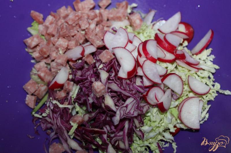 Фото приготовление рецепта: Салат из капусты с колбасой, огурцом и редисом шаг №3