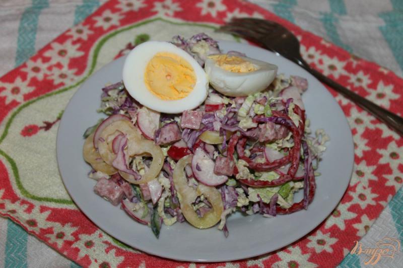 Фото приготовление рецепта: Салат из капусты с колбасой, огурцом и редисом шаг №5