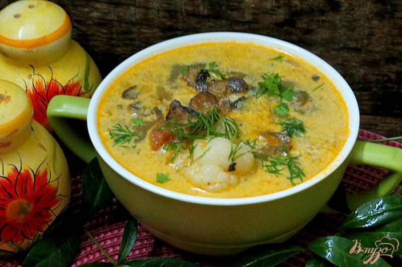 Фото приготовление рецепта: Овощной суп с цветной капустой сметаной и грибами шаг №12