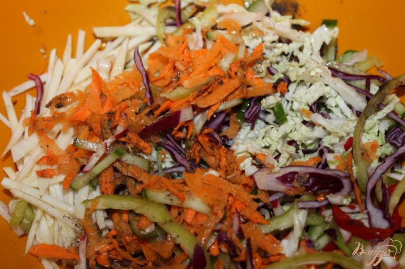 Фото приготовление рецепта: Салат из пекинской и краснокочанной капусты с сельдереем и огурцом шаг №4