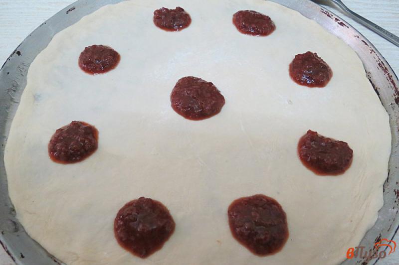 Фото приготовление рецепта: Тонкая пицца с ткемали и моцареллой шаг №7