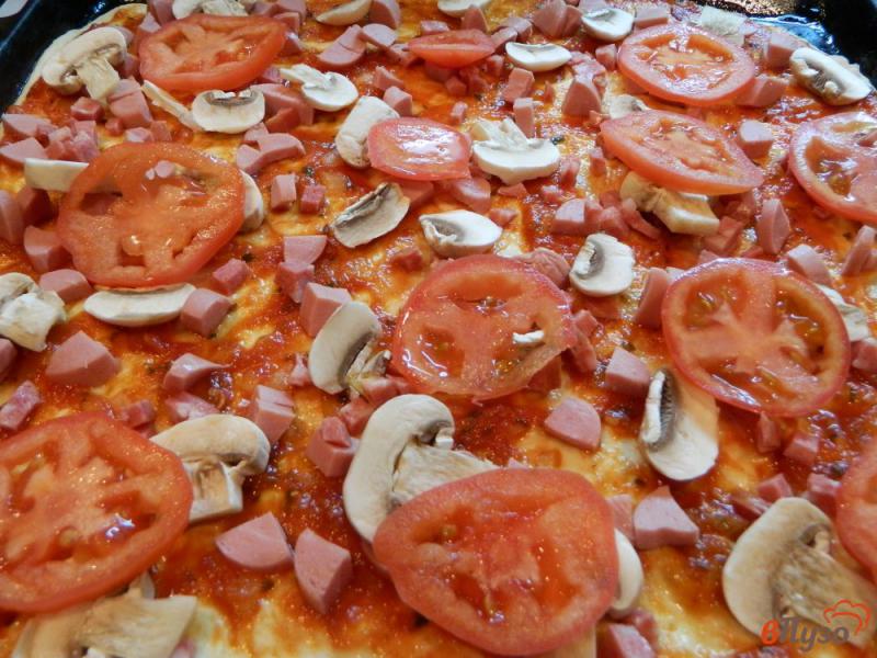 Фото приготовление рецепта: Пицца с соусом, колбасой и моцареллой шаг №9