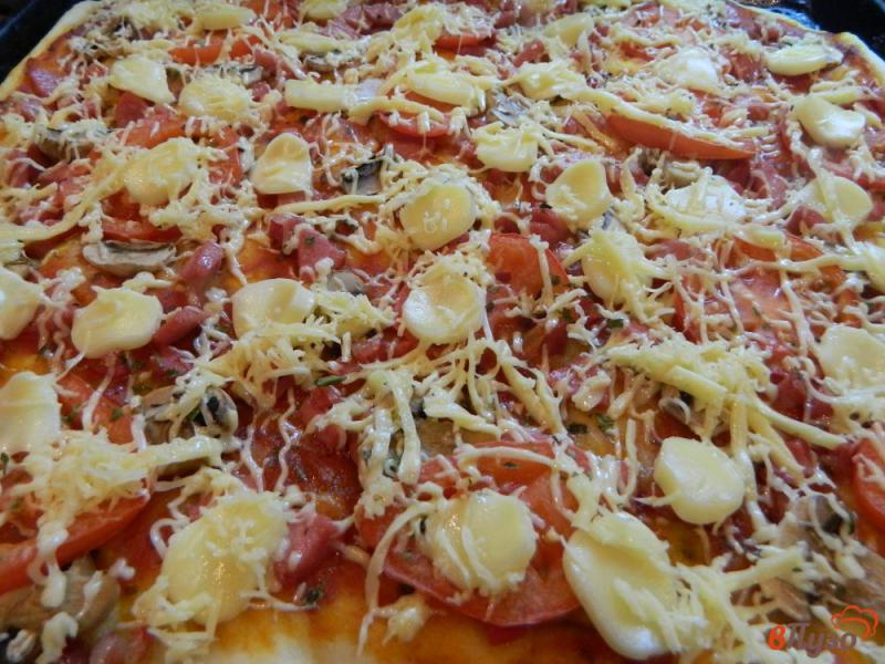 Фото приготовление рецепта: Пицца с соусом, колбасой и моцареллой шаг №11