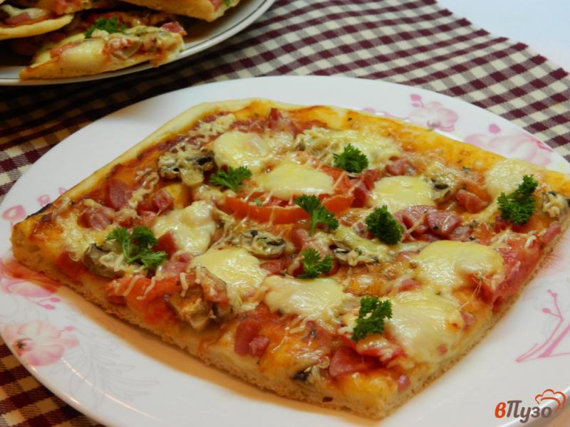 Фото приготовление рецепта: Пицца с соусом, колбасой и моцареллой шаг №12