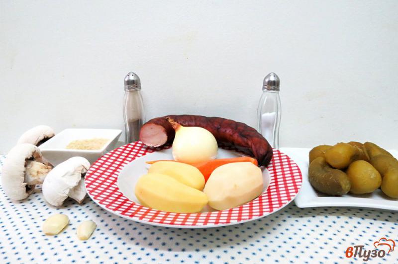 Фото приготовление рецепта: Рассольник с рисом, грибами и копчёной колбасой шаг №1