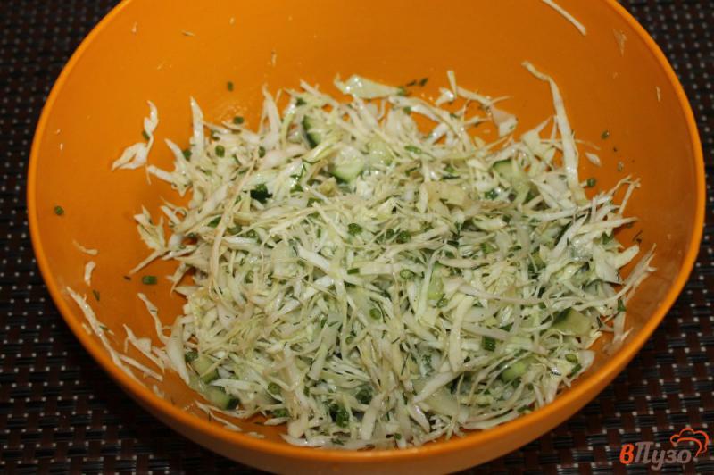 Фото приготовление рецепта: Салат из белокочанной капусты с зеленью и свежим огурцом шаг №4