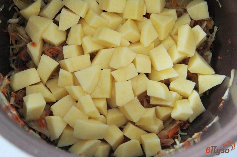Фото приготовление рецепта: Постные щи из квашенной капусты с грибами и фасолью в мультиварке шаг №6