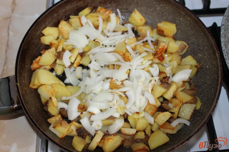 Фото приготовление рецепта: Жареный картофель с баклажаном и луком шаг №4