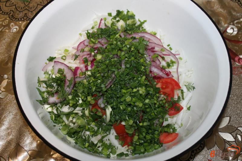 Фото приготовление рецепта: Салат из капусты с помидорами и сыром шаг №3