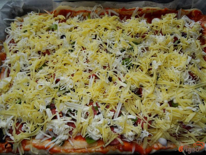 Фото приготовление рецепта: Домашняя пицца с колбасками, луком и базиликом шаг №13