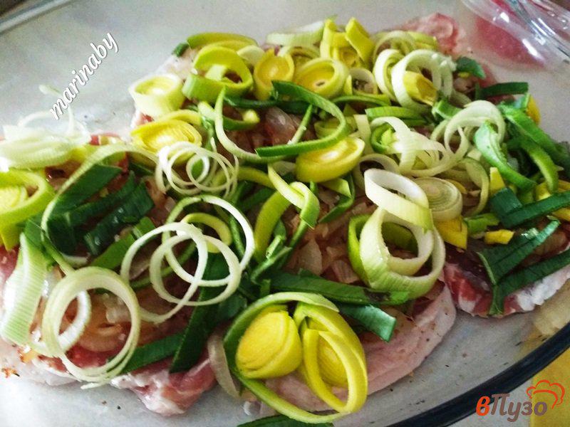 Фото приготовление рецепта: Запеченная свинина  с луком и сыром шаг №9