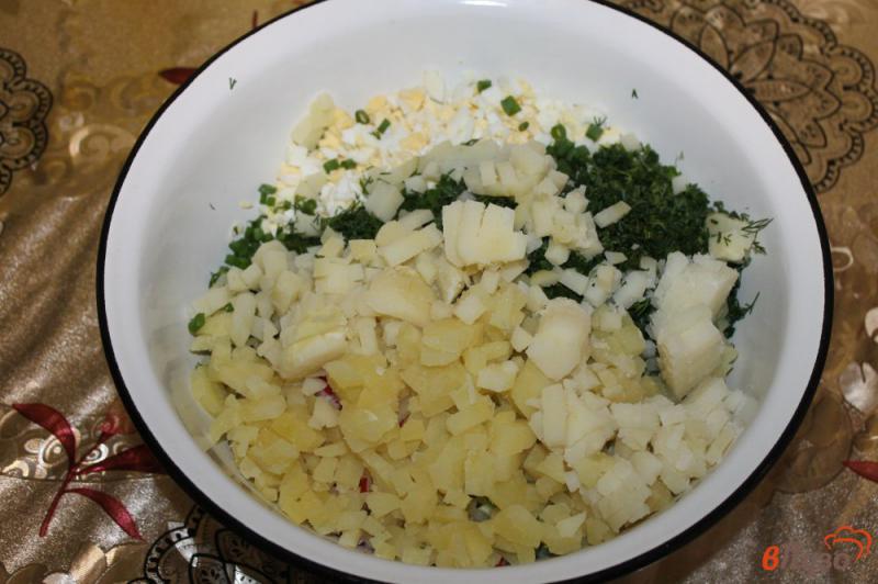 Фото приготовление рецепта: Холодный суп « окрошка » на минеральной воде с вареной колбасой и редисом шаг №5