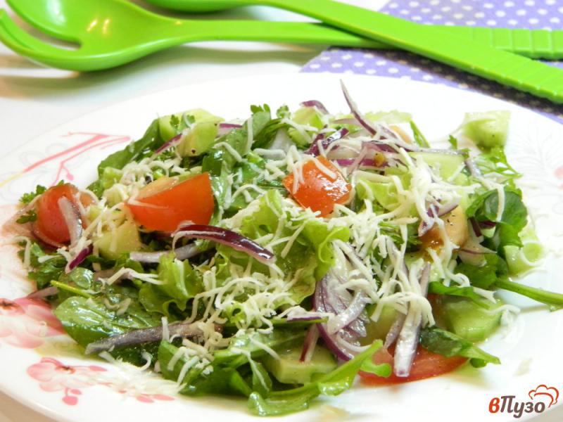 Фото приготовление рецепта: Микс-салат с рукколой, помидорами и сыром шаг №5