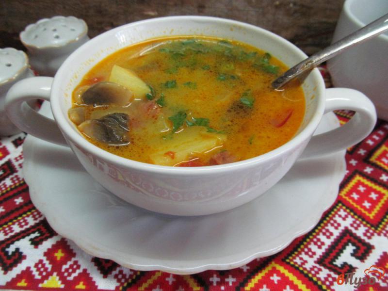 Фото приготовление рецепта: Суп с маринованным огурцом и колбасой шаг №8